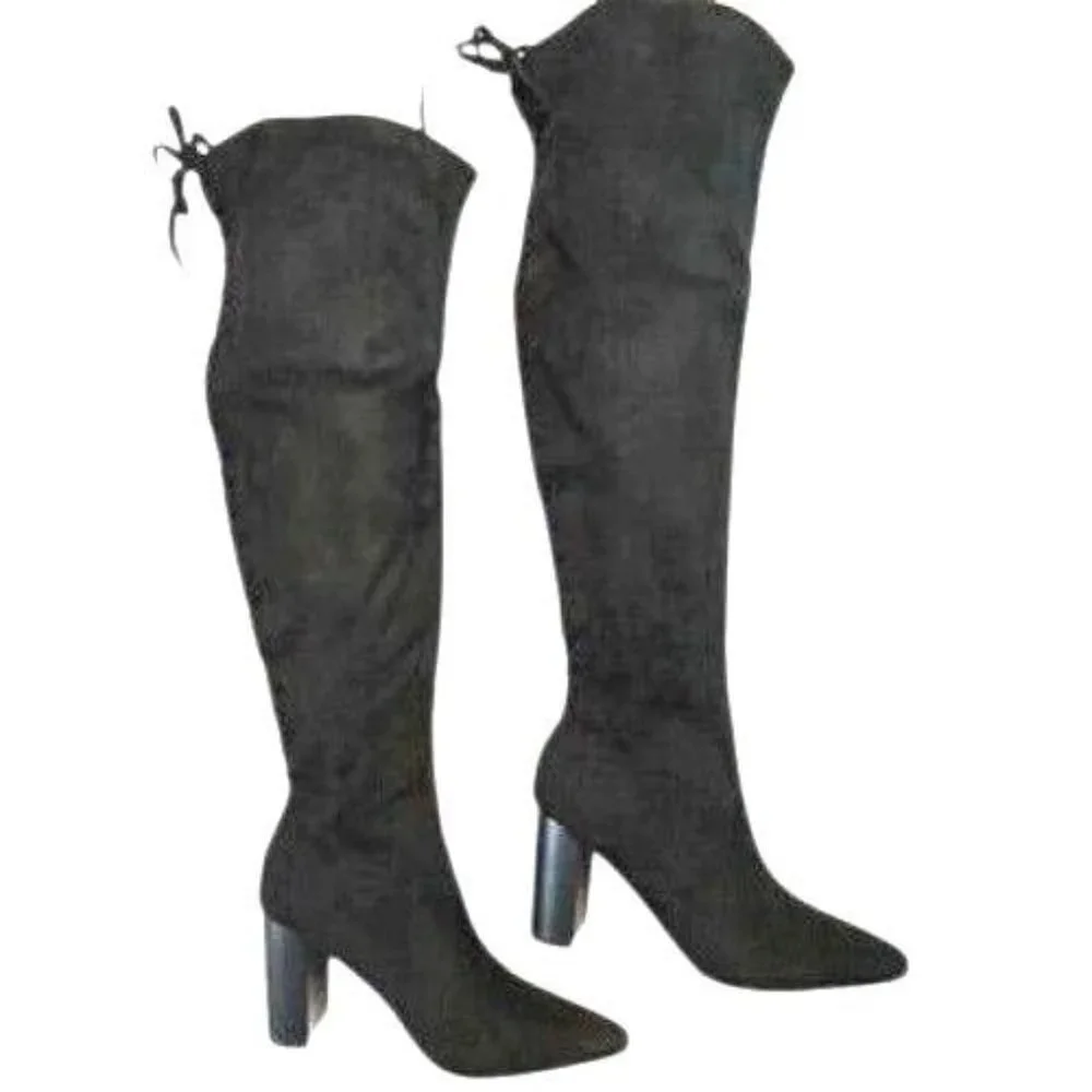 Black Over-The-Knee Suede Boots Women Size 5.5 Lace-Up Fashion 3.5 In Heels NEW